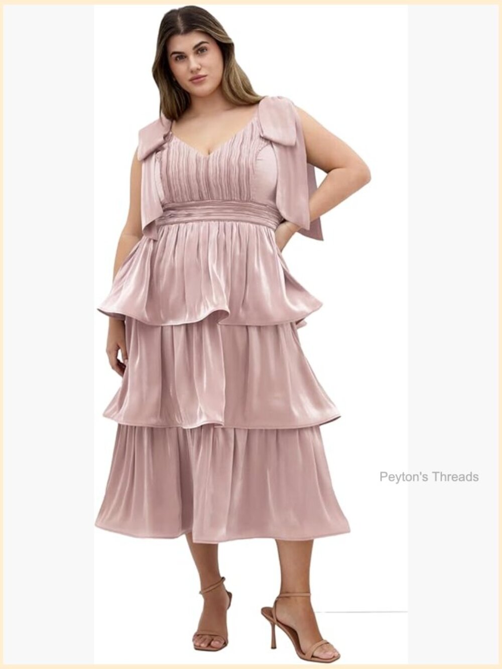 Plus Size Midi Cocktail Dress with Ruffle Tiers and Bow-Tie Straps